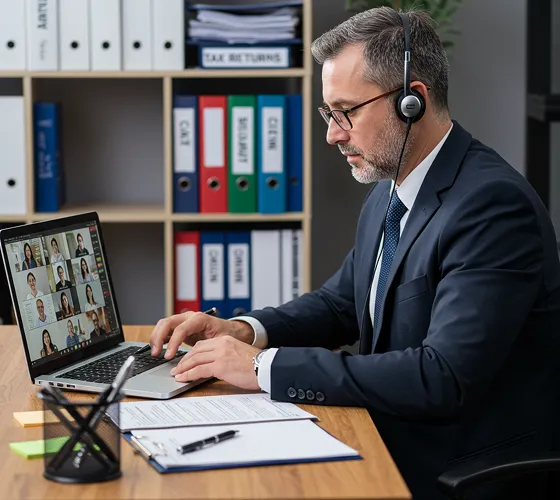 A male accountant in his 40s wearing glasses